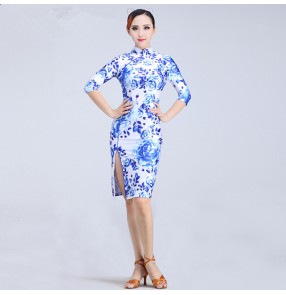 White and blue printed floral fashion women's ladies female competition performance professional side spit cheongsams latin cha cha salsa dresses outfits 